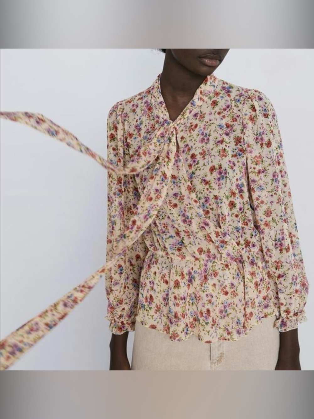 Zara Cream Floral Tie-Neck Blouse with Pink, Red, Purple, Green Accents